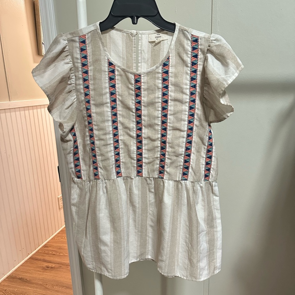 Entro Women’s Beige and White Striped Peplum Blouse with Embroidery size medium